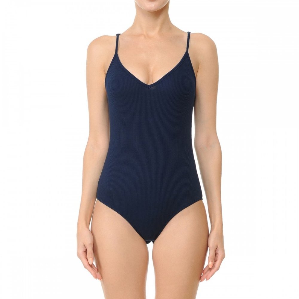 Navy blue ribbed V-neck cami bodysuit